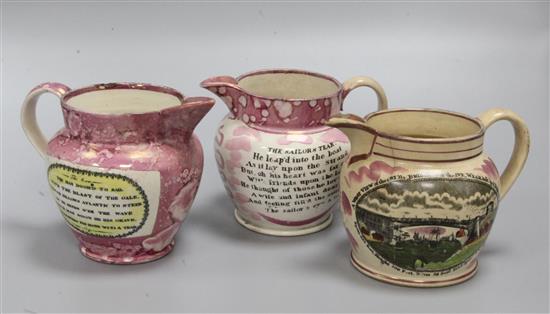 Three Sunderland pearlware pink lustre jugs